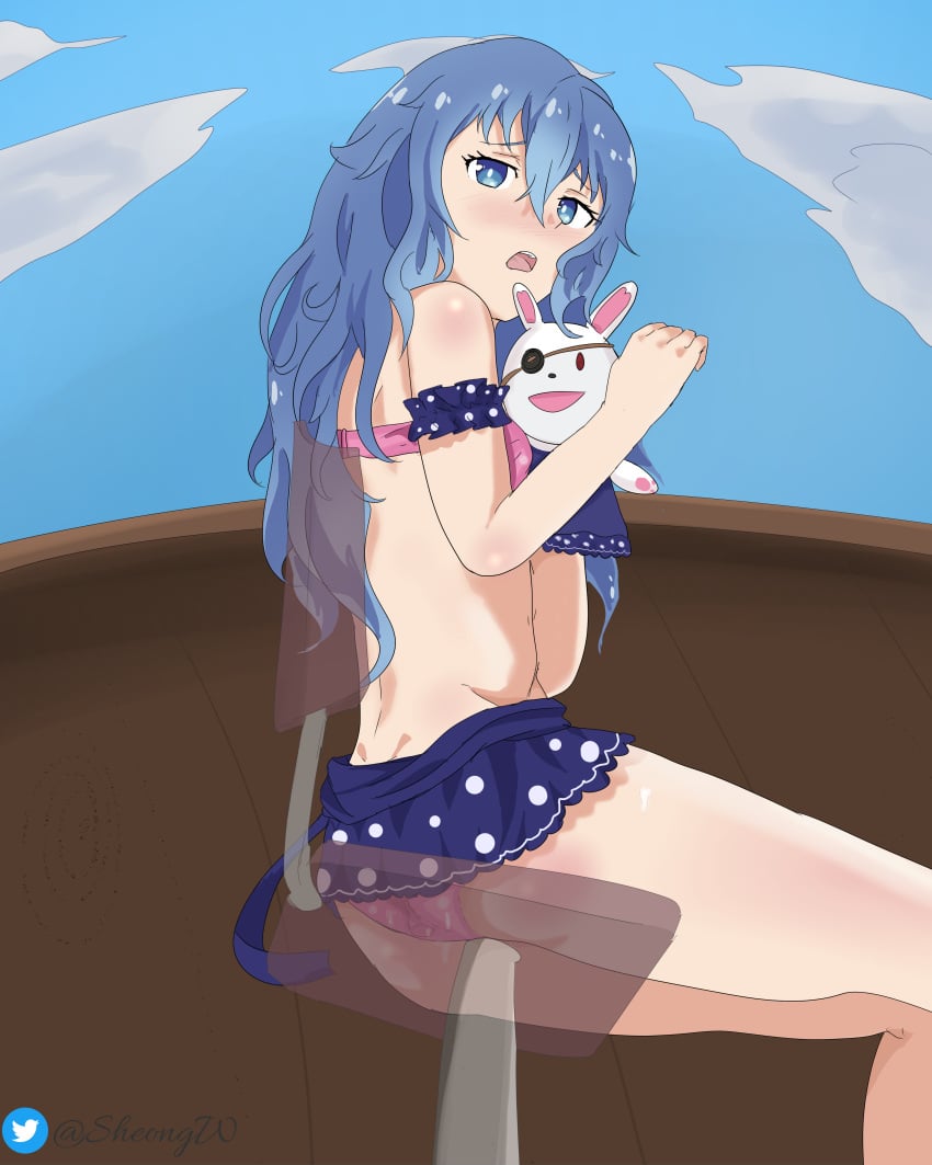 ass blue_eyes blue_hair curly_hair date_a_live himekawa_yoshino legs open_mouth sheong_wong yoshinon