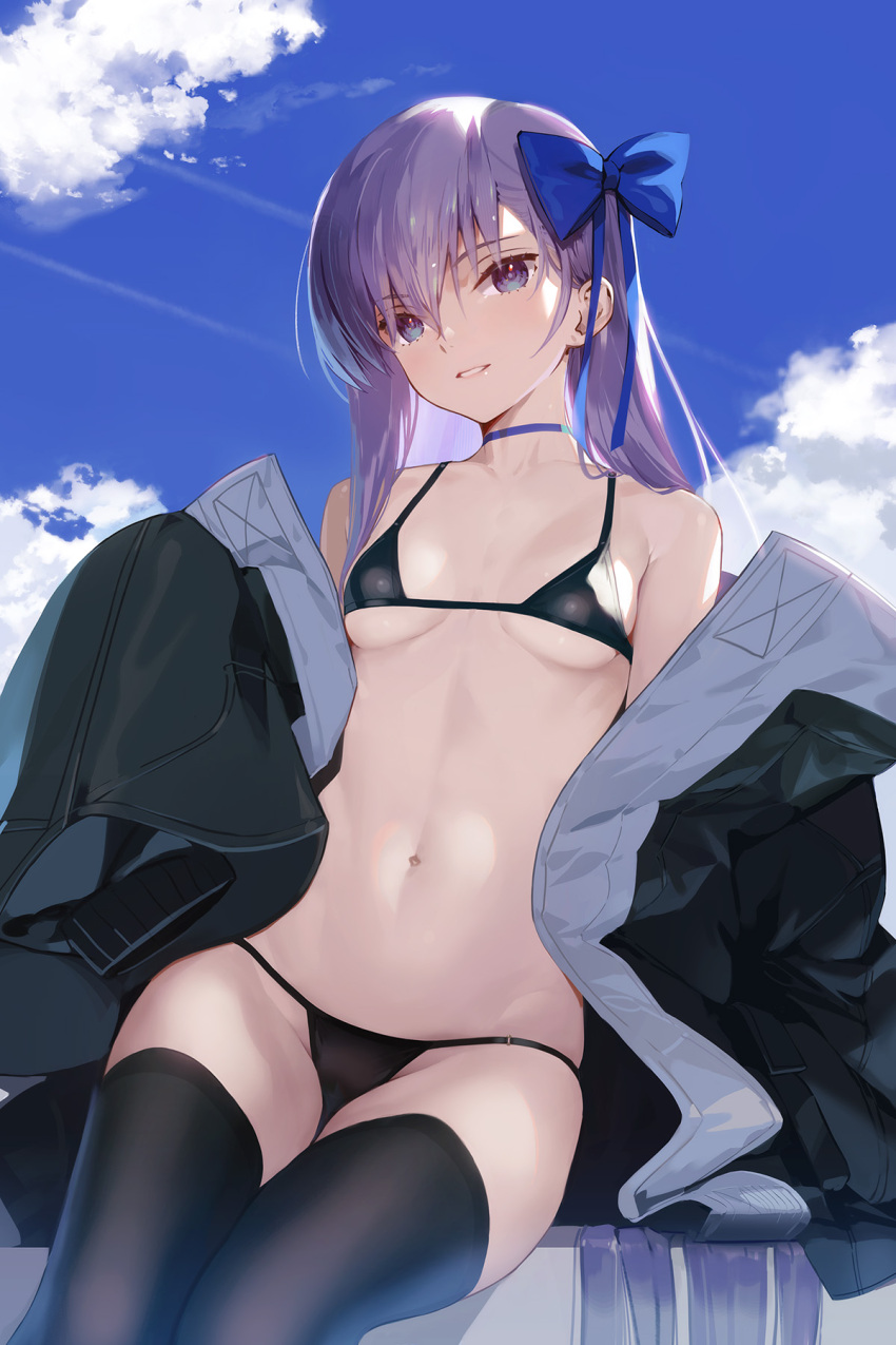 1girls bare_shoulders bikini black_bikini black_legwear bow breasts cameltoe choker collarbone fate/grand_order fate_(series) female jacket legs legs_together legwear light-skinned_female light_skin meltlilith meltryllis meltryllis_(fate) meltryllis_(swimsuit_lancer)_(fate) midriff off_shoulder outdoors outside purple_eyes purple_hair siino sitting skindentation small_breasts solo stockings stomach string_bikini swimsuit thighhighs thighs