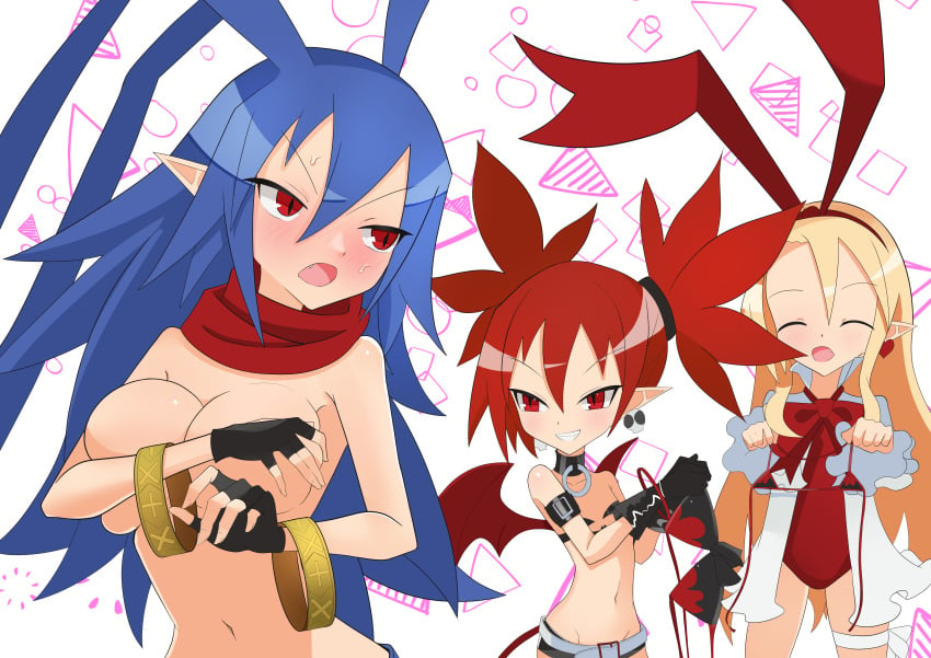 3girls assisted_exposure bikini bikini_top breasts canon_genderswap covering covering_breasts disgaea disgaea_d2 etna flonne flonne_(fallen_angel) genderswap_(mtf) laharl laharl-chan large_breasts nippon_ichi_software octpus_tako skimpy_bikini topless topless_female yuri