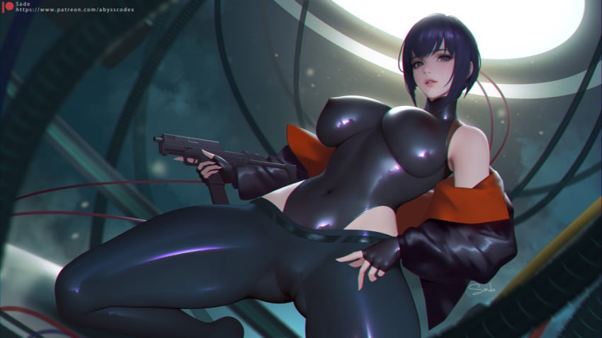 bodystocking bodysuit breasts covered_navel female ghost_in_the_shell ghost_in_the_shell_stand_alone_complex kusanagi_motoko large_breasts latex latex_bodysuit looking_at_viewer medium_hair purple_hair sade_abyss skin_tight solo thighs wide_hips