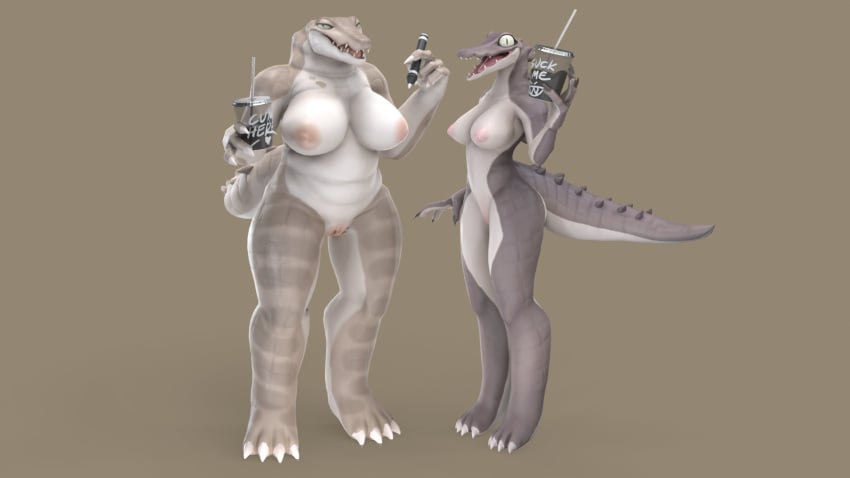 2girls 3d 3d_model alligator alligator_barista_(bebebebebe) anthro areolae big_breasts breasts crocodile crocodile_barista_(bebebebebe) crocodilian da.nilkaz female female_only looking_at_viewer nipples nude nude_female pussy smiling smiling_at_viewer solo tagme