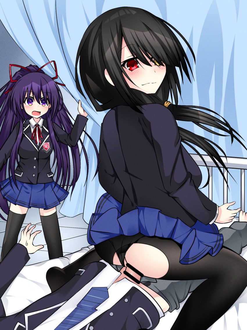 1boy 2girls ass bed black_hair blush breasts clothed_sex date_a_live heterochromia itsuka_shido light-skinned_female light-skinned_male long_hair pantyhose purple_eyes purple_hair raizen_high_school_uniform red_eyes ripped_pantyhose school_uniform sex skirt tokisaki_kurumi watching_sex yatogami_tohka