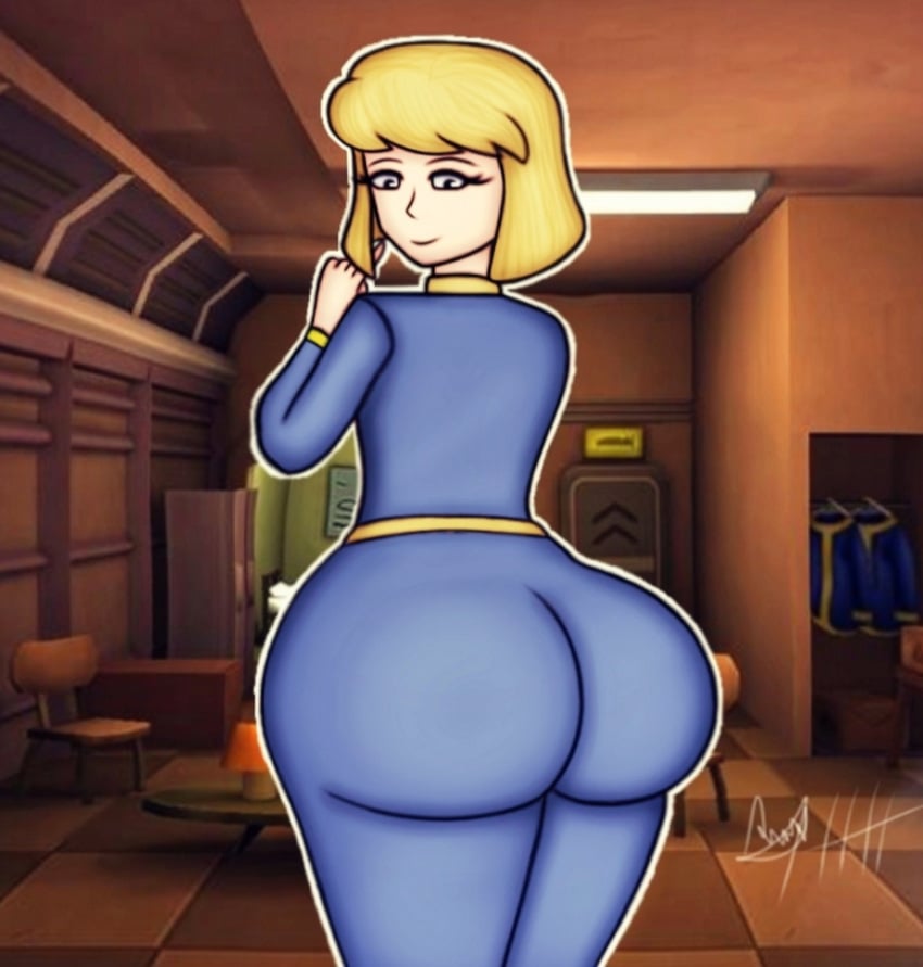 angelindieart14 ass background bethesda_softworks big_ass big_butt black_eyes blonde_female blonde_hair blonde_hair_female blue_clothing blue_suit fallout huge_ass looking_back looking_back_at_viewer short_hair vault_girl vault_suit white_body white_skin yellow_lines