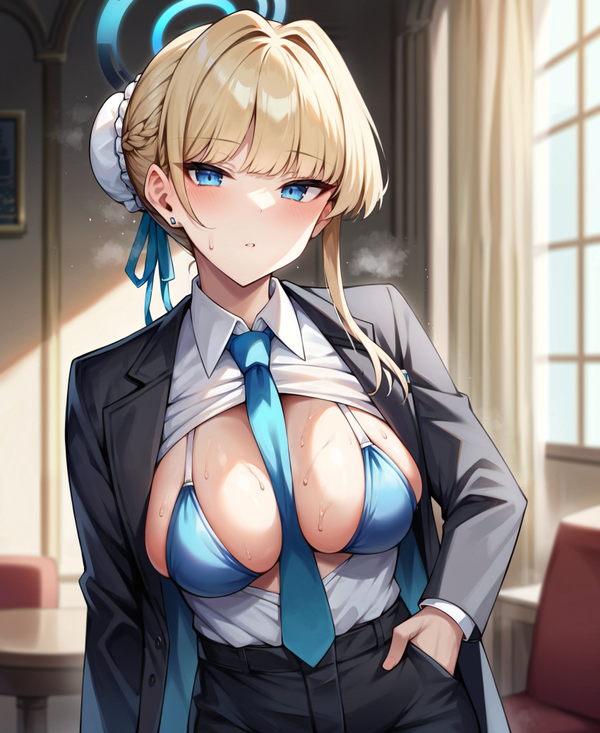 1girls ai_generated aimoonshine alternate_costume bikini_under_clothes black_jacket black_pants blonde_hair blue_archive blue_bikini blue_eyes blue_necktie blush breasts_out bun_cover butler collared_shirt earrings expressionless french_braid halo hand_in_pocket indoors looking_at_viewer mansion medium_breasts necktie necktie_between_breasts parted_lips partially_unbuttoned short_hair solo steaming_body suit sweat sweatdrop toki_(blue_archive) upper_body