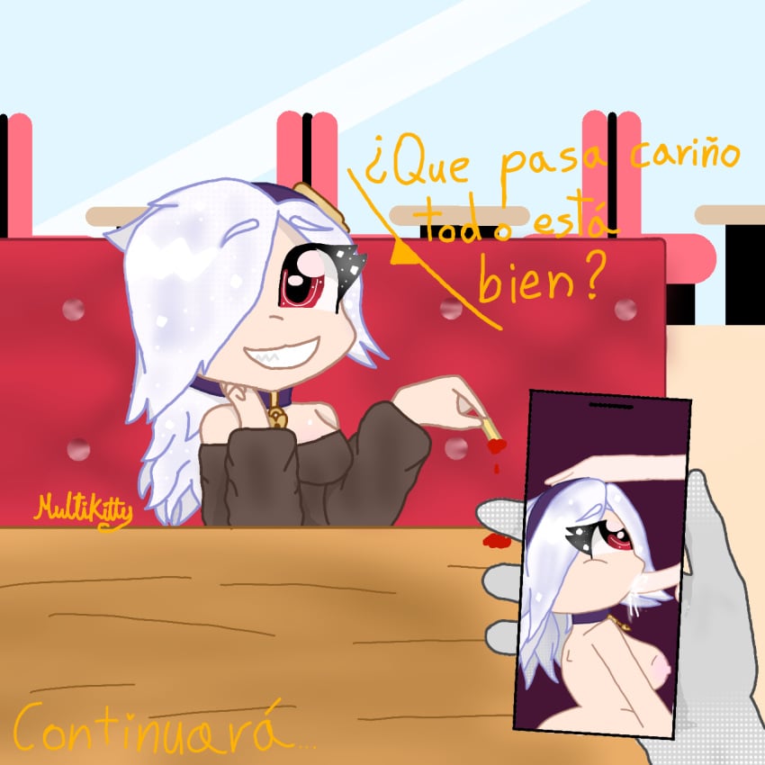 anon brawl_stars colette_(brawl_stars) fries licking_penis multikitty nipples phone_screen red_eyes restaurant story white_hair