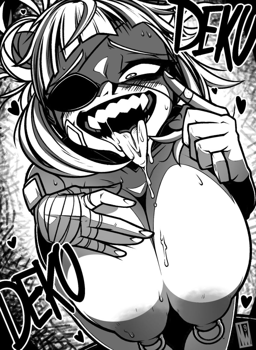 bandages bandaid drooling eye_patch himiko_toga large_breasts monochrome my_hero_academia newworld10sub1 newworld9 nipple_piercing nipple_rings nude yandere