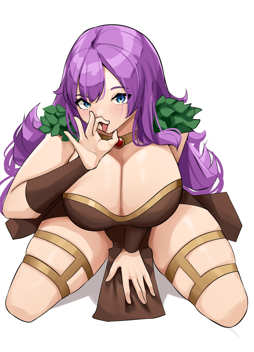 big_breasts blue_eyes bra clothed clothing collar commission commissioner_upload cromwellb female female_only implied_deepthroat implied_oral implied_sex kneeling large_breasts leaves loincloth long_hair necklace original purple_hair sfw the_huntress thick_thighs thigh_strap thigh_straps thighs tongue_out white_background wrist_guards