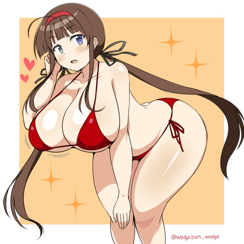 ass bent_over_table bikini blue_eyes blush breasts brown_hair cute green_eyes heterochromia huge_ass huge_breasts huge_thighs long_hair looking_at_viewer marvelous one_arm_up red_bikini ryoubi_(senran_kagura) senran_kagura signature thick_thighs twintails twitter_username voluptuous wedge wedgesan wide_hips