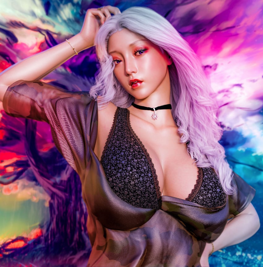 1girls 2022 3d asian asian_female blush choker clothed clothing female female_only gray_hair grey_hair huge_breasts johnizon3dx long_hair slushe_(website) solo solo_female white_hair