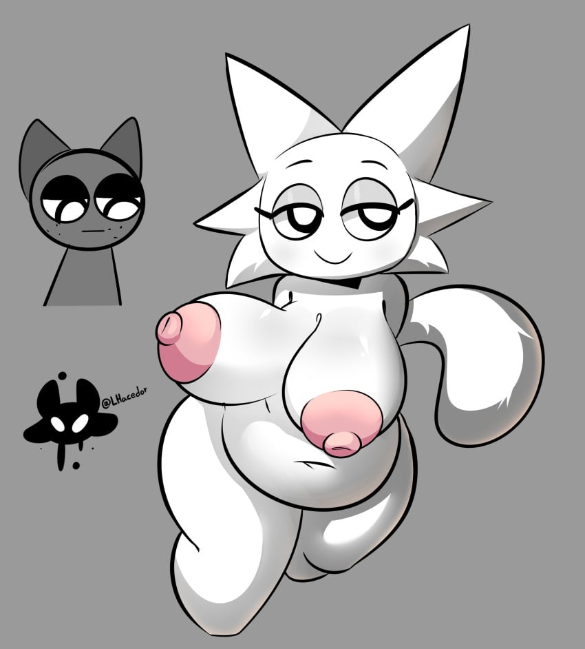 animal_humanoid cat_ears catgirl fur fur_breasts fur_thick_thighs furry gray_(sprunki) incredibox_mod lhacedor pink_nipples shiny_eyelids slut_eyelids smile sprunki wenda_(sprunki) white_body white_fur