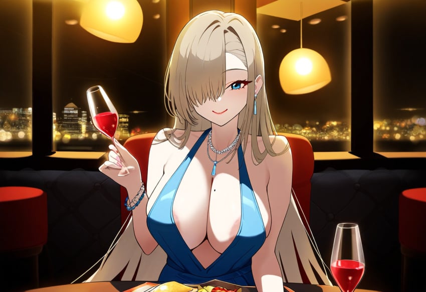 ai_generated areola_slip asuna_(blue_archive) bare_shoulders blonde_hair blue_archive blue_dress blue_eyes bracelet chair city_lights cleaning_&_clearing_(blue_archive) cleavage closed_mouth dating earrings female hair_over_one_eye holding_cup indoors large_breasts light_smile lipstick long_hair looking_at_viewer millennium_science_school_student mole_on_breast necklace night novelai restaurant seductive_look sitting table wine wine_glass