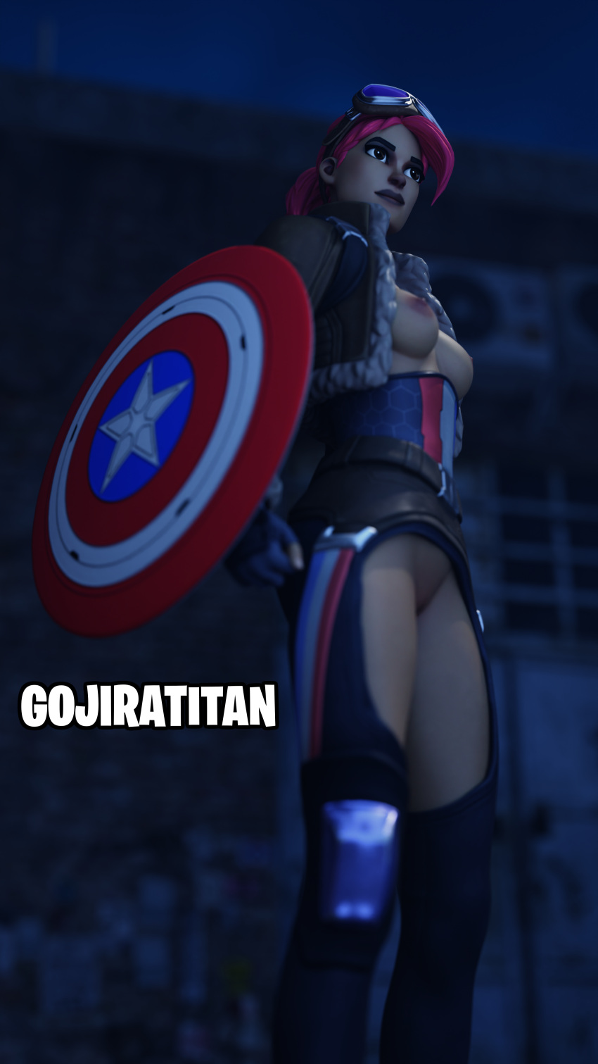 1girls breasts breasts_out brite_bomber britestar captain_america's_shield captain_america_(series) casual clothed clothed_female clothing exposed_breasts exposed_pussy female fortnite goggles goggles_on_head gojiratitan gojiratitannsfw jacket looking_forward marvel pale_skin partially_clothed partially_clothed_female pussy pussy_out solo_female