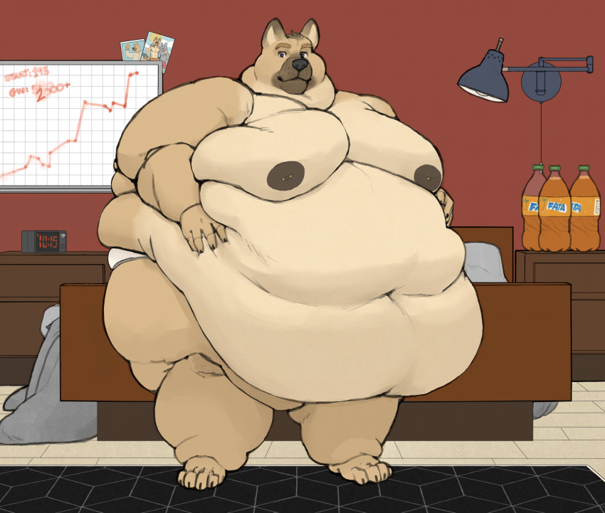 alarm alarm_clock anthro bed bedroom belly belly_overhang beverage bhm big_belly biped canid canine canis clock clothing digital_clock digital_media_(artwork) domestic_dog electronics fat_legs fatfur furniture german_shepherd hand_on_belly herding_dog hi_res huge_belly lamp looking_at_viewer male mammal moobs morbidly_obese morbidly_obese_anthro morbidly_obese_male navel nipple_piercing nipples obese obese_anthro obese_male orange_soda overweight overweight_anthro overweight_male pastoral_dog piercing rug soda soda_bottle solo ssbhm standing thick_thighs underwear ussbhm whiteboard yasano