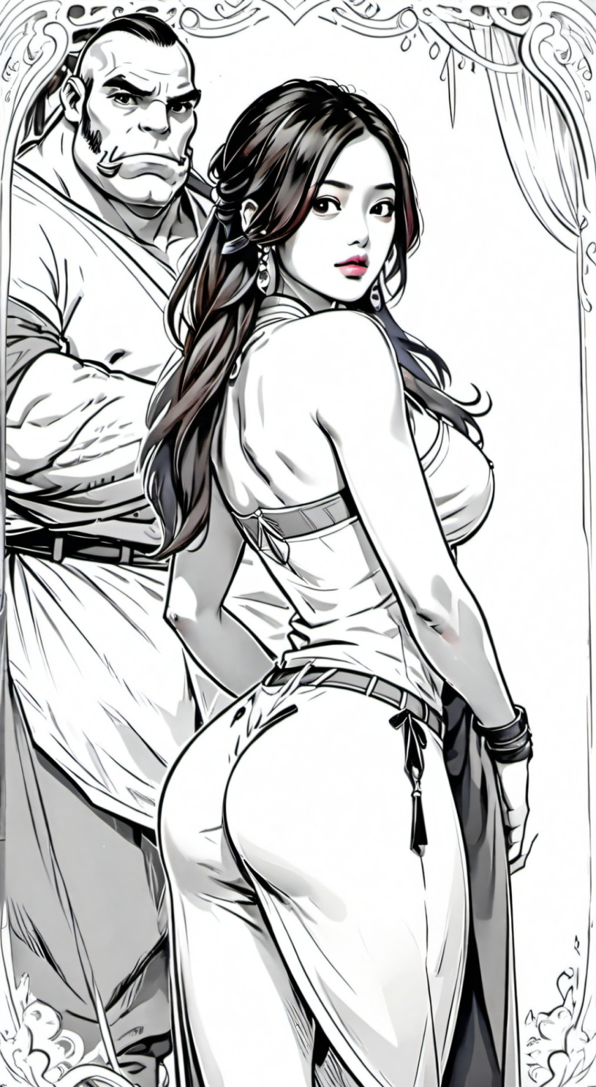 ai_generated ass ass_focus before_sex big_ass big_butt black_and_white female looking_at_viewer looking_back male male_and_female_focus manga_style milf monochrome