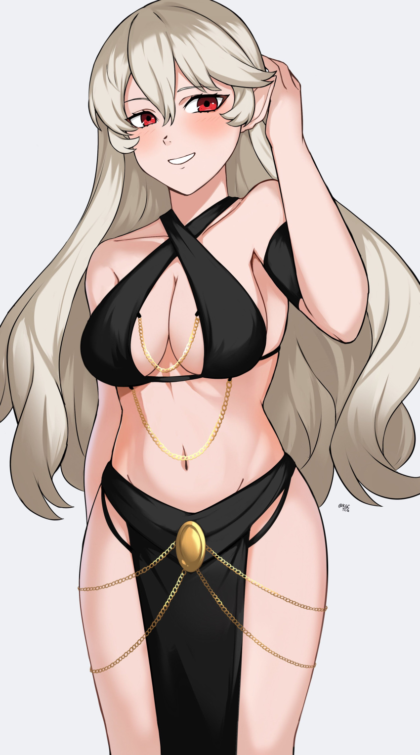 1girls absurdres adjusting_hair alternate_costume breasts chains cleavage corrin_(female)_(fire_emblem) corrin_(fire_emblem) female female female_only fire_emblem fire_emblem_fates gold_chain grey_hair highres kgctcg long_hair looking_at_viewer medium_breasts meme_attire navel nintendo pelvic_curtain pointy_ears red_eyes smile solo teeth white_background yomorio_lingerie