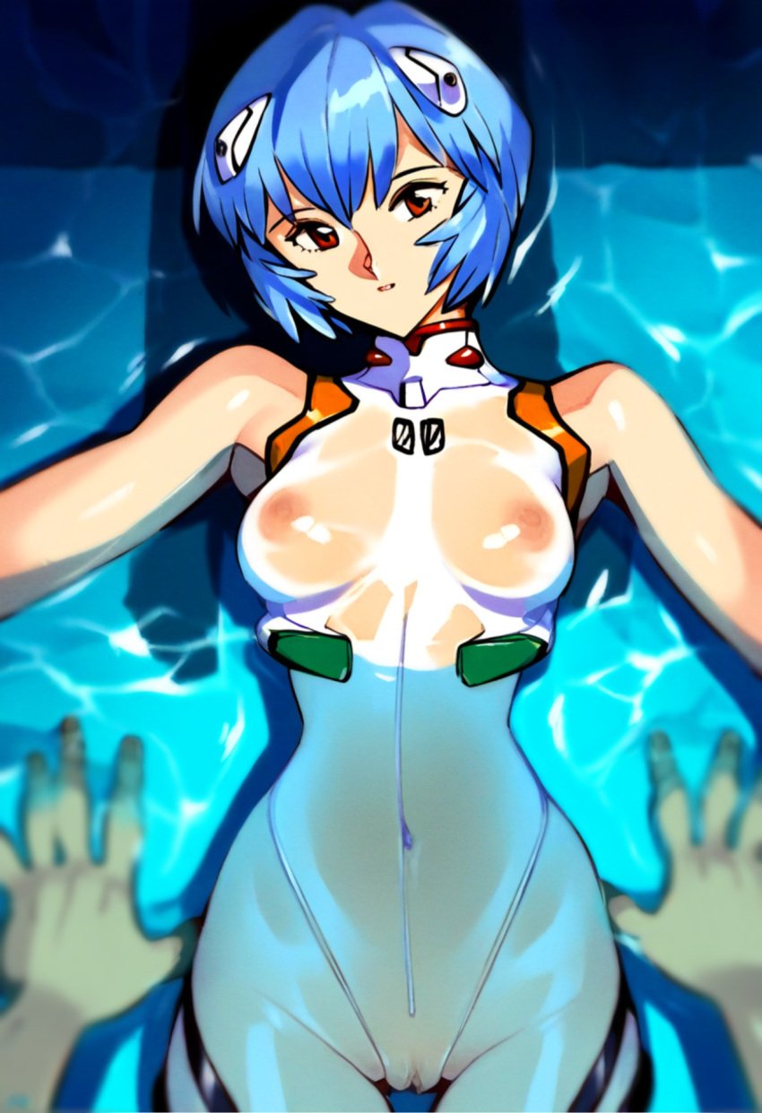 1boy 1girls ai_generated blue_hair female looking_at_viewer medium_breasts navel nipples plugsuit pool pov pussy red_eyes rei_ayanami see-through see-through_clothing see_through short_hair solo solo_focus water