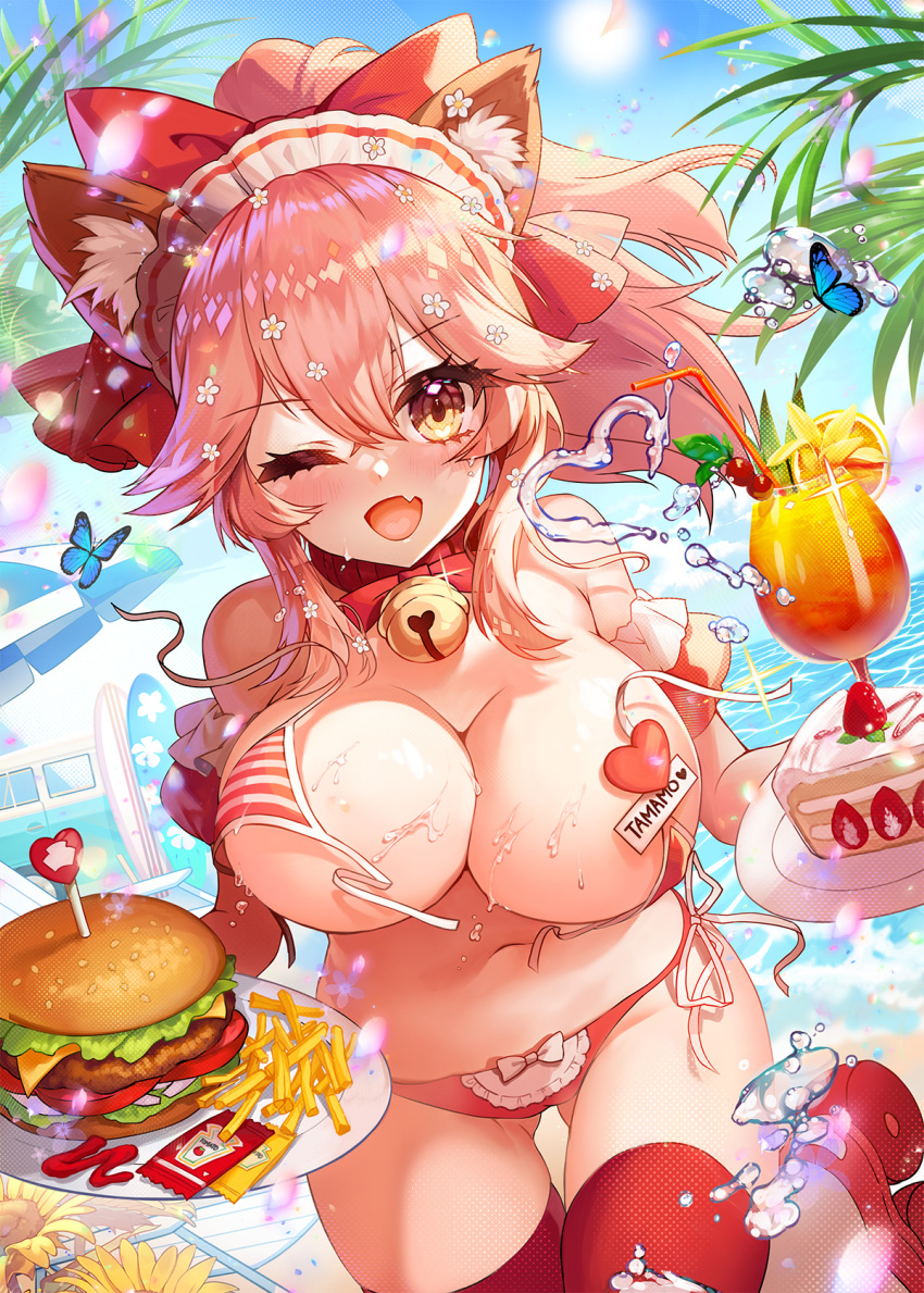 animal_ear_fluff animal_ears animal_hands apple_caramel bell bikini blush breasts cat_paws character_name cleavage collar cute_fang day eyebrows_visible_through_hair fate/grand_order fate_(series) female food fox_ears fox_girl gloves hair_ribbon heart highres jingle_bell large_breasts long_hair looking_at_viewer maid_outfit nature neck_bell oerba_yun_fang one_eye_closed outdoors paw_gloves paws pink_hair ponytail red_ribbon ribbon side-tie_bikini skin_fang solo swimsuit tamamo_cat thighhighs wardrobe_malfunction yellow_eyes