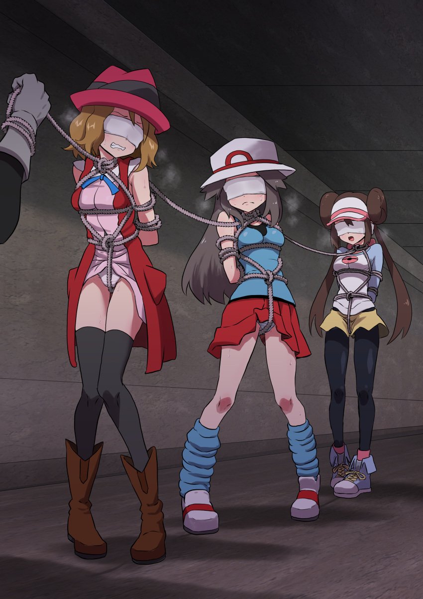 3girls arms_behind_back black_hair black_socks blindfold blindfolded blonde_hair blue_socks bondage boots bound bound_together breasts brown_hair coffle crotch_rope dress female female_pokemon_protagonist femsub hat hi_res kneehighs leaf_(pokemon) leggings long_hair loose_socks multiple_girls multiple_subs nintendo pokemon pokemon_protagonist restrained rope rosa_(pokemon) serena_(pokemon) shin_(kusugurijin) shoes short_hair socks thigh_socks thighhighs tied tied_up twintails