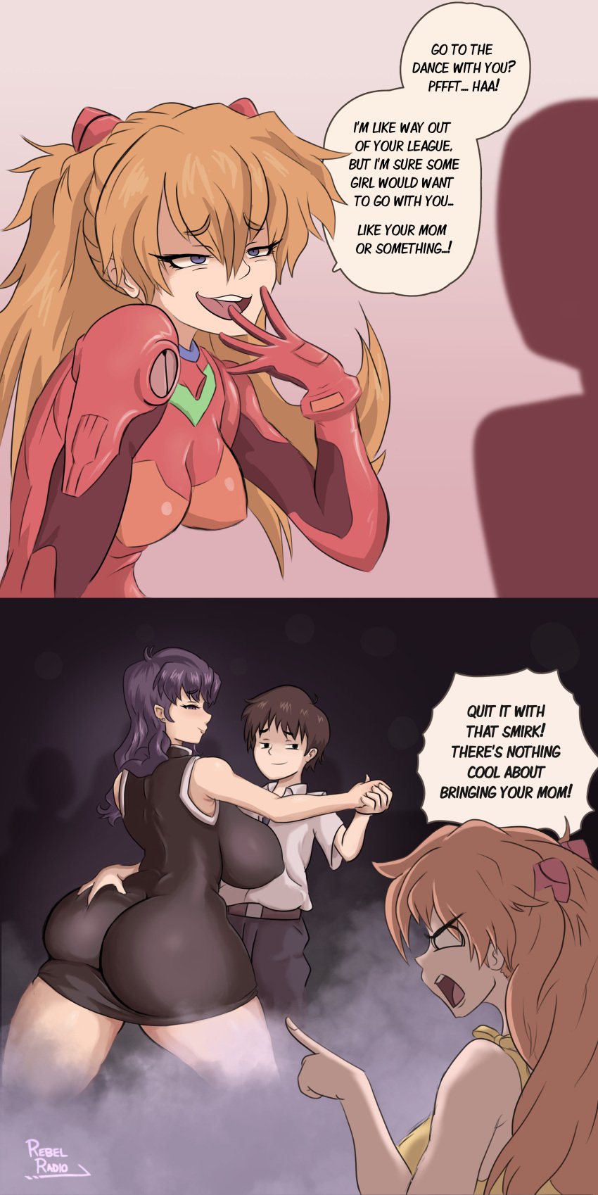 1:1_aspect_ratio 1boy 2girls 2koma :3 adopted_son adoptive_mother ahoge angry arched_back ass ass_focus ass_grab asuka_langley_sohryu belt black_dress blue_eyes blush bodysuit breasts brown_hair clothed_female clothing collared_shirt comic curvaceous curves curvy_figure dance dancing doyagao dress ear_piercing earrings english english_text erect_nipples erect_nipples_under_clothes eyebrows_visible_through_hair female female_focus finger_pointing from_behind groping hair_ornament hairclip hairpods hand_to_own_mouth high_resolution holding_hands huge_ass huge_breasts human jewelry large_ass large_breasts laughing light-skinned_female light_skin long_hair looking_back looking_down male mature mature_woman medium_breasts milf misato_katsuragi multiple_girls neon_genesis_evangelion nipples ojou-sama_pose open_mouth orange_hair piercing pilot_suit plugsuit plump purple_eyes purple_hair rebelradio red_bodysuit red_hair shinji_ikari shiny shiny_clothes shirt silhouette simple_background size_difference skin_tight skindentation slender_waist smile smoke smug sneer speech_bubble standing technical_incest teeth text thick_thighs thighs two_side_up upper_teeth very_high_resolution voluptuous wide_hips yellow_dress