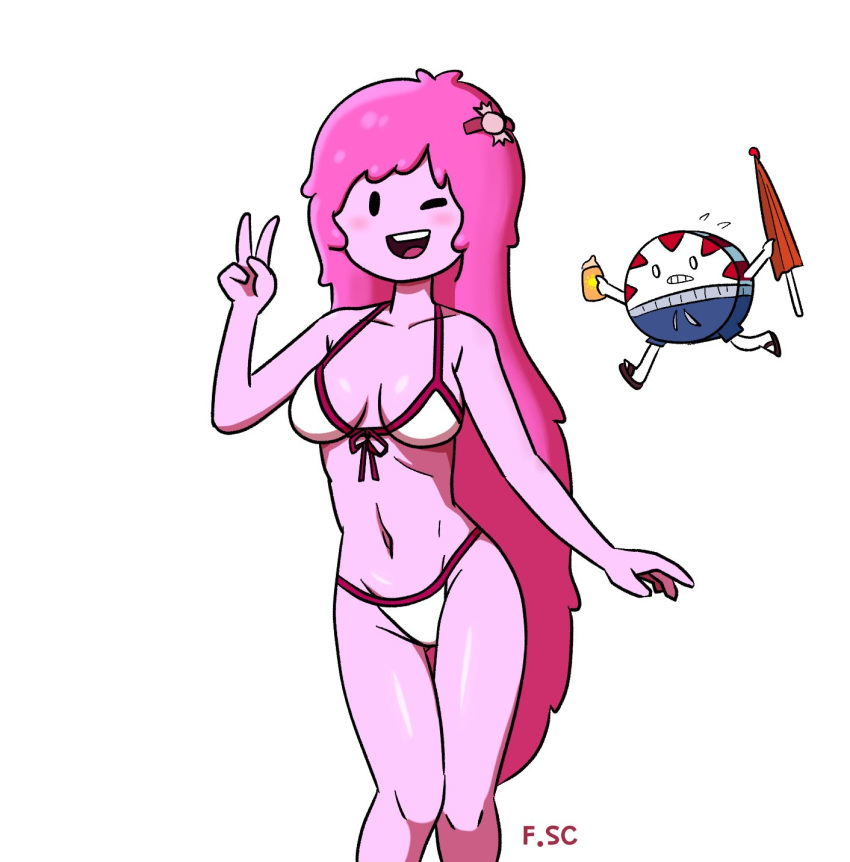 2022 adventure_time bikini bikini_bottom bikini_top black_eyes blush bra breasts candy_people_(at) cartoon_network cleavage female female_only fizzyspidercider long_pink_hair looking_at_viewer pink_body pink_hair pink_skin princess_bubblegum underwear white_background white_bikini white_bikini_bottom white_bikini_top white_bra white_underwear