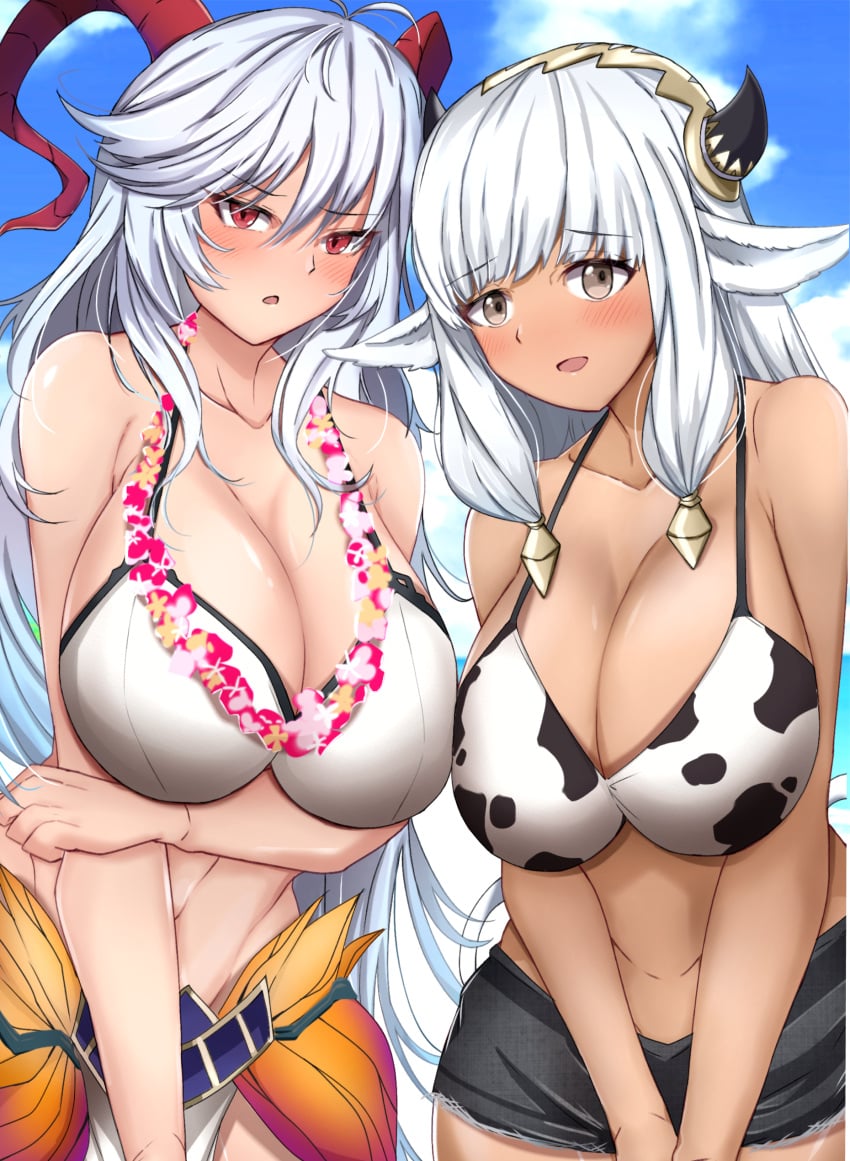 2girls alternate_costume ash_(fire_emblem) bangs bare_midriff bare_shoulders bikini blush breasts brown_eyes cleavage collarbone cow_girl cow_print cow_print_bikini dark-skinned_female dark_skin female female_only fire_emblem fire_emblem_heroes flower flower_necklace freyja_(fire_emblem) freyja_(summer)_(fire_emblem) frown grey_hair huge_breasts long_hair looking_at_viewer medium_hair midriff multicolored_hair multiple_girls nintendo official_alternate_costume outdoors pelvic_curtain pointy_ears red_eyes shorts shoulders sky smile swimsuit toshimasa very_long_hair white_bikini white_hair white_swimsuit