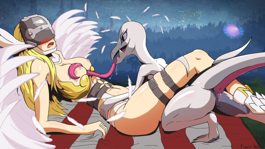 angewomon anthro ass bandai_namco bra_down breast_lick breast_play breasts crossover digimon digimon_(species) duo embarrassed female female/female fieryashy genitals human interspecies licking lizard mammal nintendo nipples outside pokémon_(species) pokemon pokemon_(species) pussy reptile salazzle scalie tongue tongue_out video_games wings yuri