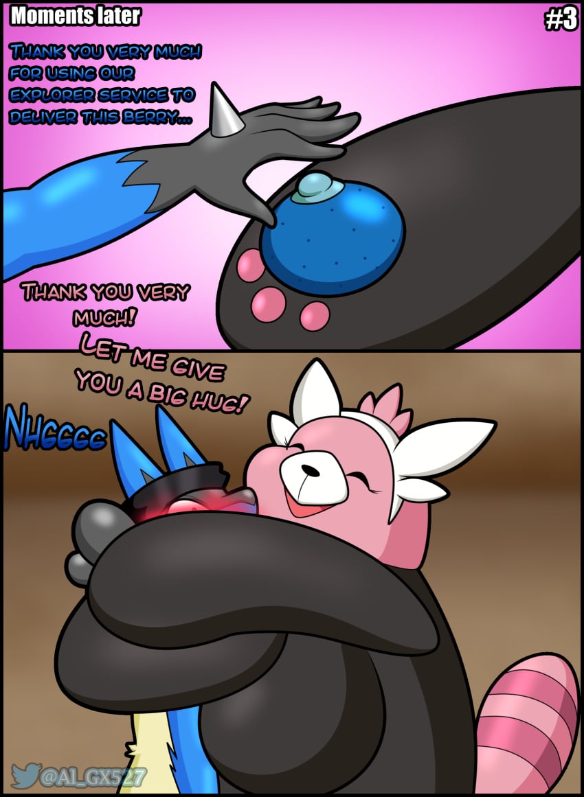 age_difference al_gx berry bewear big_breasts blue_body blush breast_squish breasts cave comic delivery_(commerce) dialogue english english_dialogue english_text furry hug lucario mature_female milf nintendo page_3 pink_body pokemon pokemon_(species) scarf size_difference squish