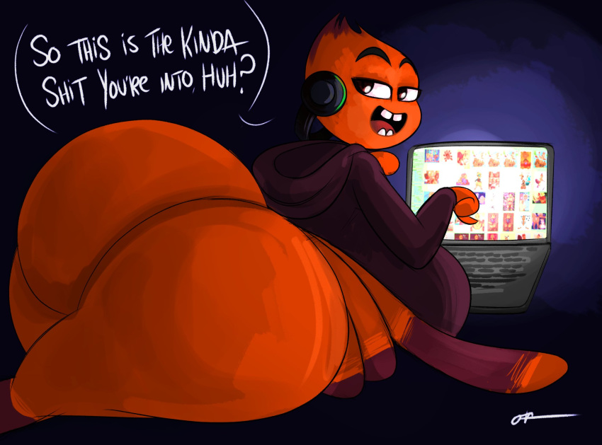 1girls anthro arthropod ass ass_focus big_ass big_breasts big_butt bottomless breasts bubble_butt butt_focus clothing computer dat_ass dialogue fat_ass female female_only fixed headphones hoodie huge_ass huge_breasts huge_butt laptop large_ass looking_at_viewer looking_back meta meta_humor ms._tarantula_(the_bad_guys) on_stomach ota_(artist) rule_34_(booru) sideboob solo spider talking_to_viewer tarantula the_bad_guys thick_thighs uncensored website wide_hips