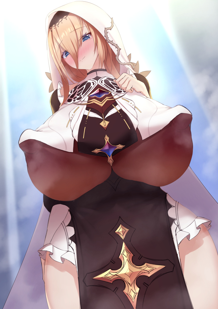 absurdres aponia blonde_hair blue_eyes breast_curtains breasts dearonnus from_below heart heart-shaped_pupils highres honkai_(series) honkai_impact_3rd huge_breasts huge_nipples non-web_source symbol-shaped_pupils underboob