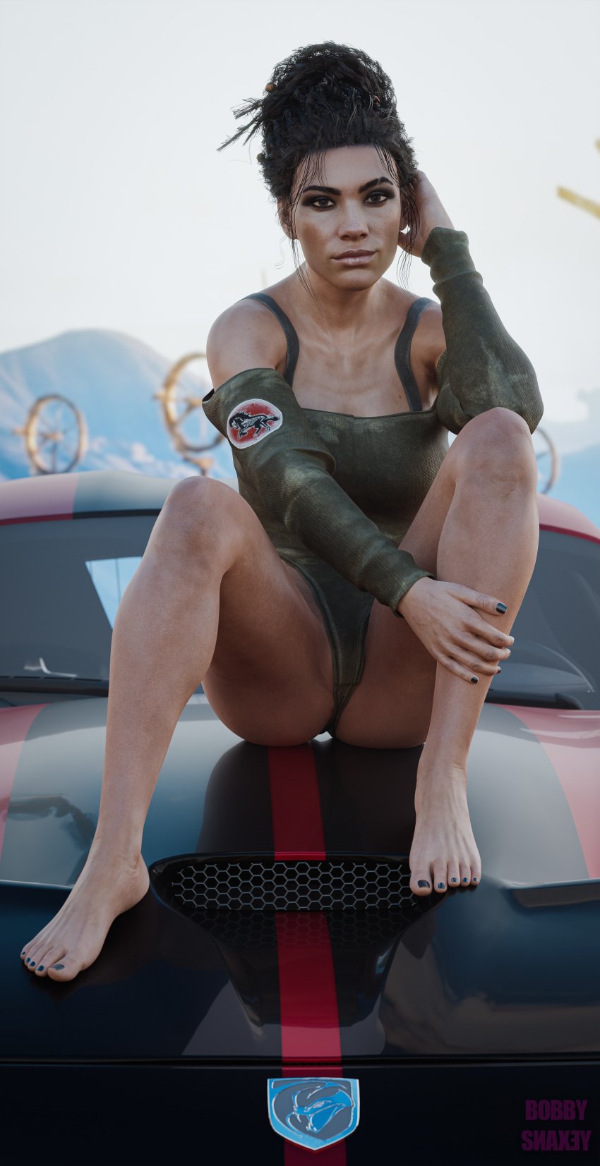 3d 3d_(artwork) barefoot blender blender_(software) bobbysnaxey car clothed cyberpunk_2077 feet female female_only ford ford_mustang mustang on_car on_car_hood outdoors panam_palmer pinup solo_female toes