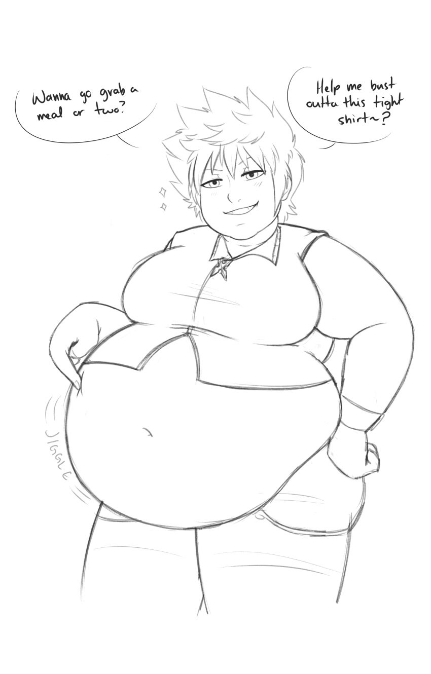 1boy belly chubby english_text kingdom_hearts looking_at_viewer male male_only overweight roxas smirk sora-belly text thick_thighs wardrobe_malfunction weight_gain white_background