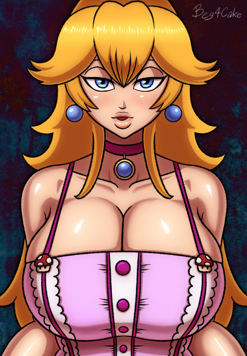 1girls alternate_breast_size ass beg4cake big_breasts big_lips blonde_hair blue_eyes breasts bursting_breasts clothed clothing crown earrings female huge_breasts large_breasts mario_(series) necklace nintendo princess_peach shiny shiny_breasts shiny_hair shiny_skin