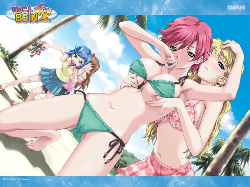 4girls amamiya_momona bikini boin breast_grab breasts female female_only game_cg happoubi_jin iihara_nao koromogae_maya multiple_girls red_hair resort_boin saliva smile sweat swimsuit tsukushino_mitsugu wallpaper yuri