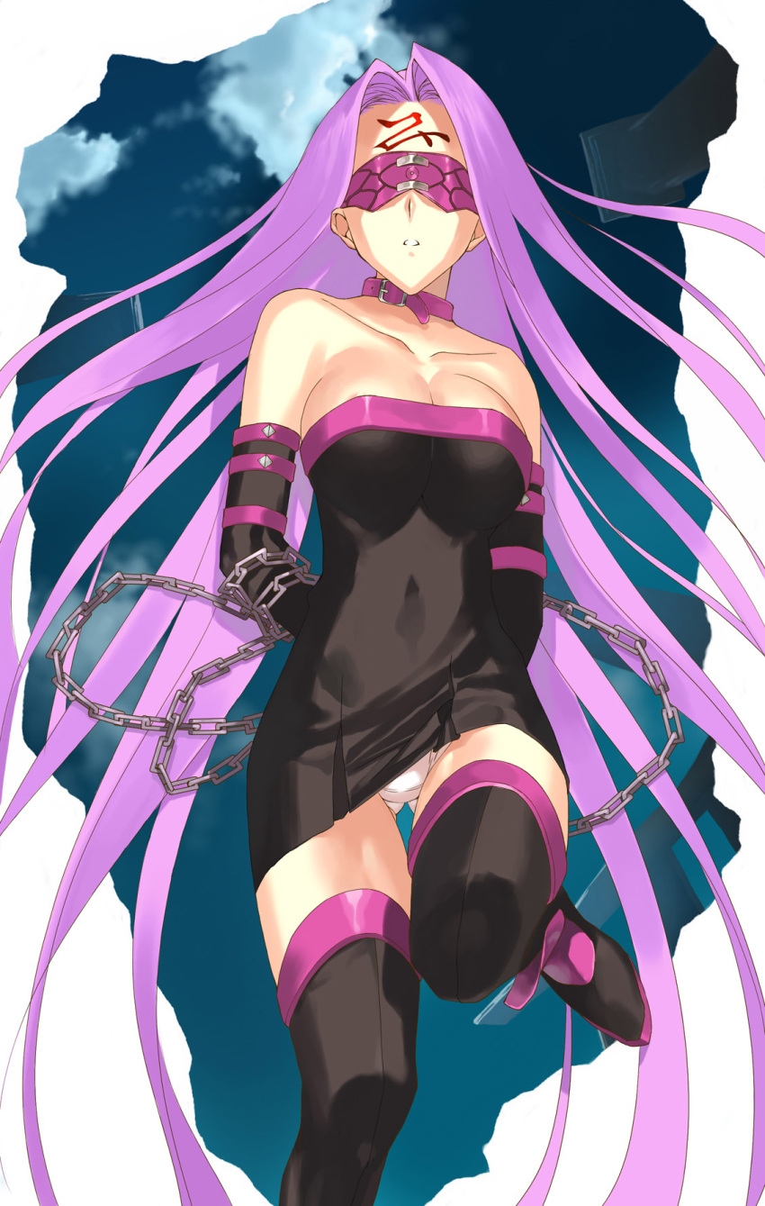 black_dress black_legwear black_thighhighs boots chains choker color dress fate/stay_night fate_(series) highres jpeg_artifacts leg_lift long_hair medusa_(fate) morii_shizuki panties pantyshot pantyshot_(standing) short_dress solo standing strapless_dress thigh_boots thighhighs underwear very_long_hair white_panties