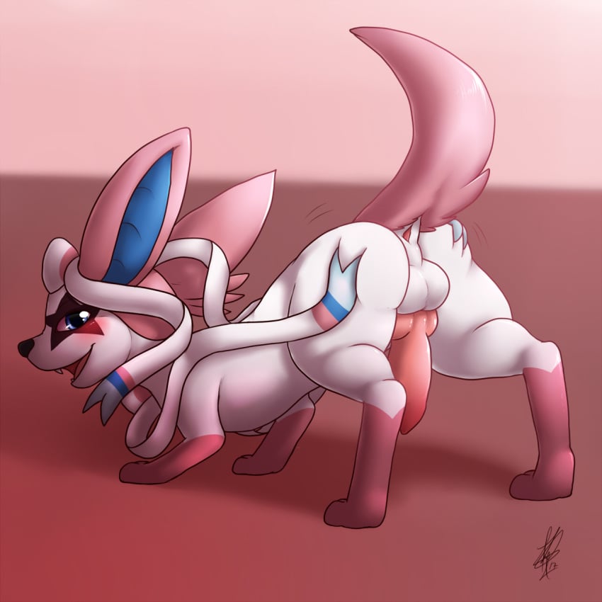 1boy alternate_color animal_genitalia animal_penis anus ass backsack big_butt blue_eyes butt_grab canine_penis eeveelution fan_character fur furry hand_on_ass hi_res knot looking_at_viewer male male_on_anthro male_only nintendo original_character penis pink_fur pokemon pokemon_(species) presenting ribbons shikaro simple_background smile solo sylveon testicles video_games