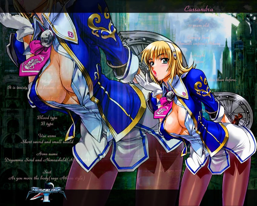 5:4 blue_eyes breasts cassandra_alexandra cleavage english_text female female_only hairband human inazuma leaning_forward necktie nipples no_bra open_clothes open_shirt pantyhose photoshop satou_shouji shield shirt short_hair skirt solo soul_calibur soul_calibur_iii wallpaper zoom_layer