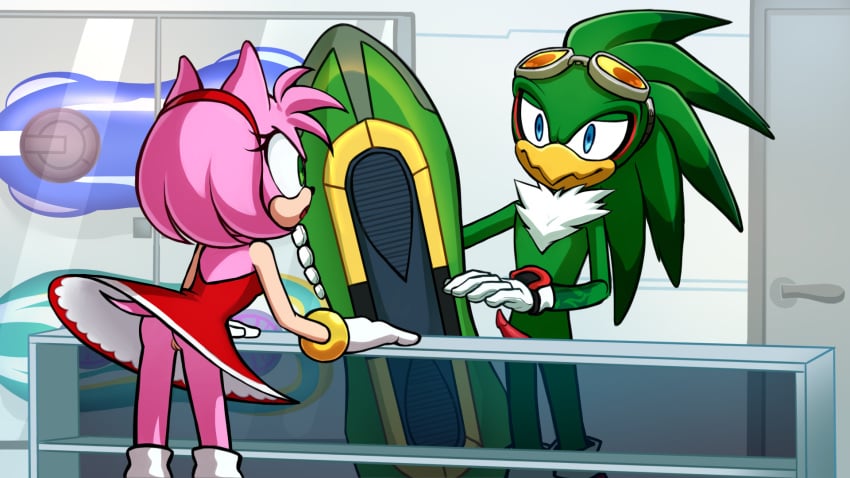 16:9 1boy 1girls accipitrid accipitriform amy_rose anatomically_correct anthro avian beak bird board bottomless_skirt casual_exposure casual_nudity clothed clothing duo erection eulipotyphlan eyewear female gloves goggles going_commando hedgehog hi_res hoverboard jet_the_hawk kitsune2000 male male_with_female mammal no_panties no_underwear penis pussy sega shoes skirt skirt_lift sonic_(series) sonic_riders store upskirt vagina