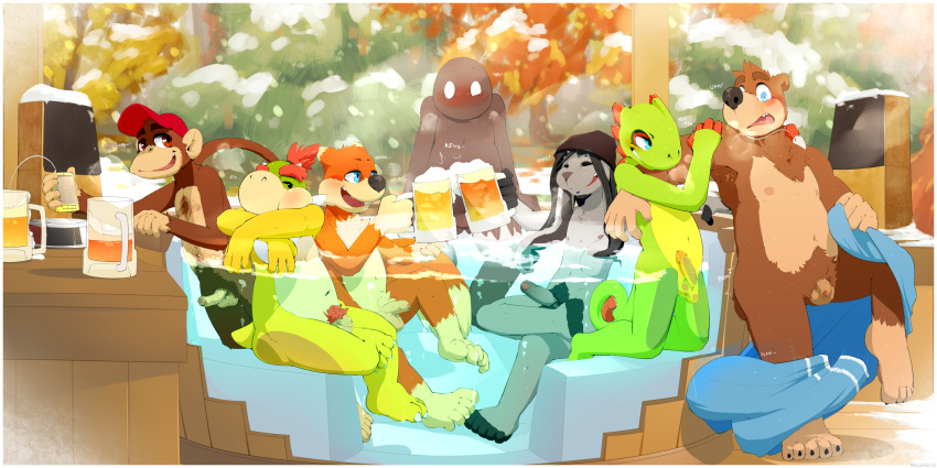 alcohol anthro balls banjo-kazooie banjo_(banjo-kazooie) bear beer beverage boner bowser_jr. chameleon conker conker's_bad_fur_day diddy_kong donkey_kong_(series) erection flaccid group hollo_nut hot_tub humanoid_penis koopa lagomorph lizard male male_only mammal mario_(series) monkey multiple_boys nintendo penis primate rabbit reptile rodent scalie spelunker_sal_(character) squirrel uncut video_games yooka yooka-laylee