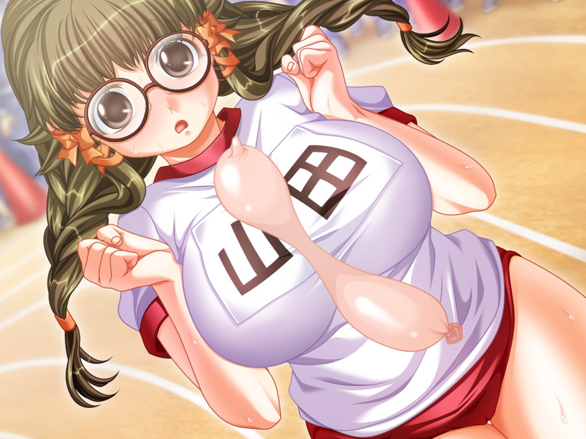 1girls :o ayatsuri_bloomer ayatsuri_burumaa balloon between_breasts braid breast_squeeze breasts brown_eyes brown_hair buruma clothed clothes clothing condom condom_filling female full_condom glasses gym_uniform highres inflated_condom large_breasts name_tag object_between_breasts outside running_track solo sweat tied_hair twin_braids twintails yamada_chizuru yoshii_dan