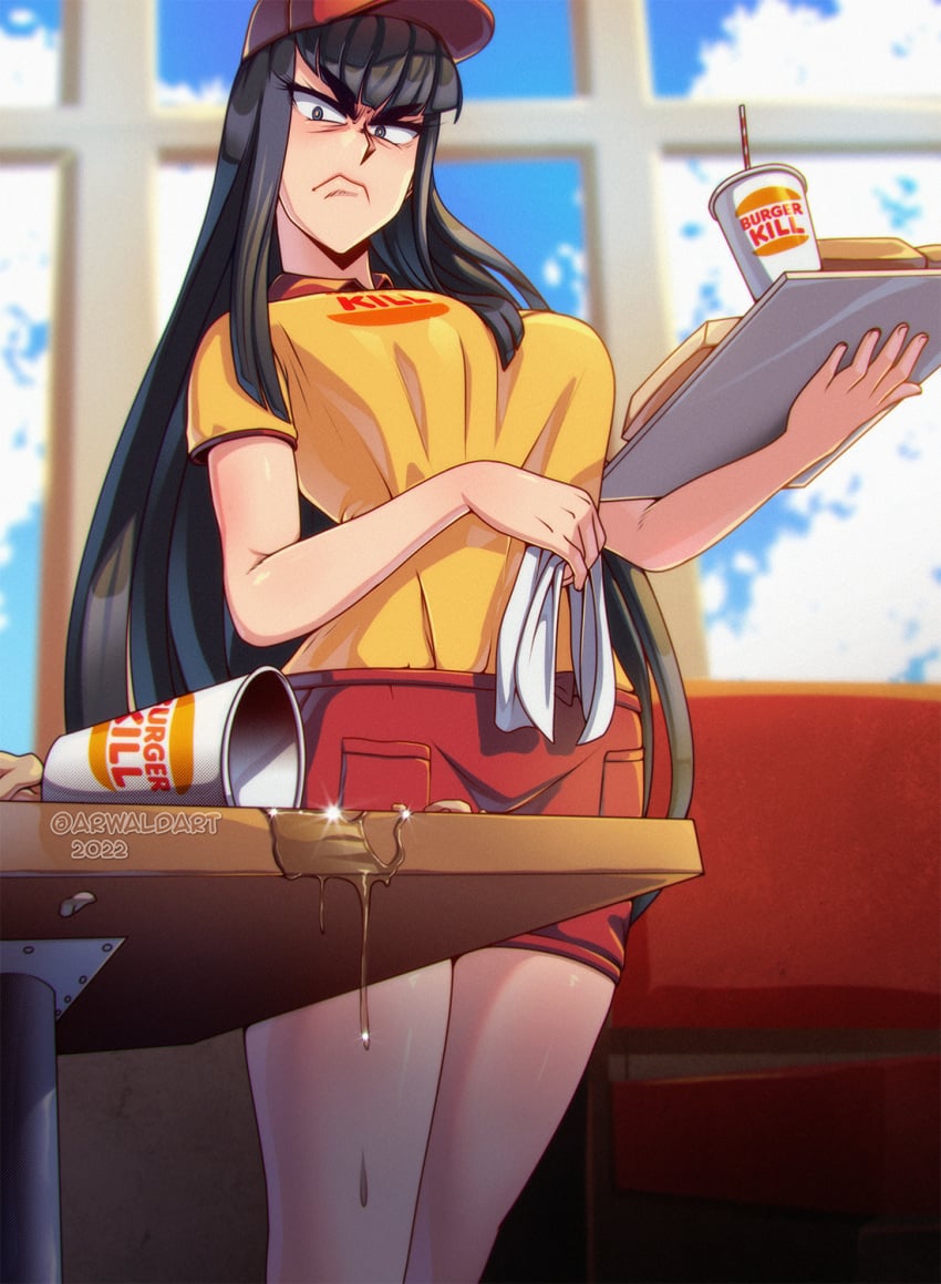 1girls angry angry_face annoyed annoyed_expression arwald big_breasts black_hair blue_eyes breasts brunette burger_king busty cap curvy detailed_background employee_uniform eye_contact fast_food fast_food_uniform female female_focus female_only front_view hat headwear kill_la_kill kiryuuin_satsuki large_breasts light-skinned_female light_skin logo_parody long_hair looking_at_viewer pov_eye_contact shorts soda solo solo_female solo_focus studio_trigger tagme thick_eyebrows thighs twitter_username uniform voluptuous wagie