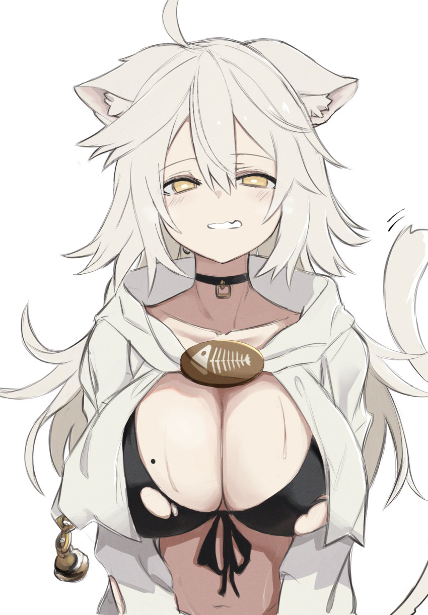 ahoge animal_ears bangs bikini black_bikini black_choker blush breasts cat_ears cat_girl cat_tail choker eyebrows_visible_through_hair female female fuyono_neru grey_hair hair_between_eyes highres hood hood_down jacket large_breasts long_hair looking_at_viewer mole mole_on_breast open_clothes open_jacket original simple_background solo sweat swimsuit tail torn_bikini torn_clothes upper_body white_background white_jacket yellow_eyes