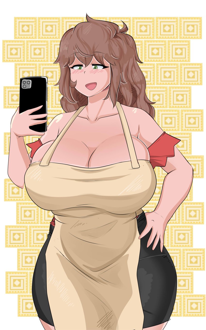 1girls alternate_breast_size alternate_costume alternate_outfit apron ass big_ass big_breasts big_butt big_nipples big_thighs black_panties black_skirt black_thong breasts brown_hair cellphone cellphone_camera comicomryu delicia_(comicomryu) fat_ass female female_only green_eyes hand_on_waist happy heart high_resolution highres image mature mature_female mature_woman milf nipples open_mouth patreon patreon_reward phone pose posing selfie skirt smartphone telephone thick_thighs thighs white_background