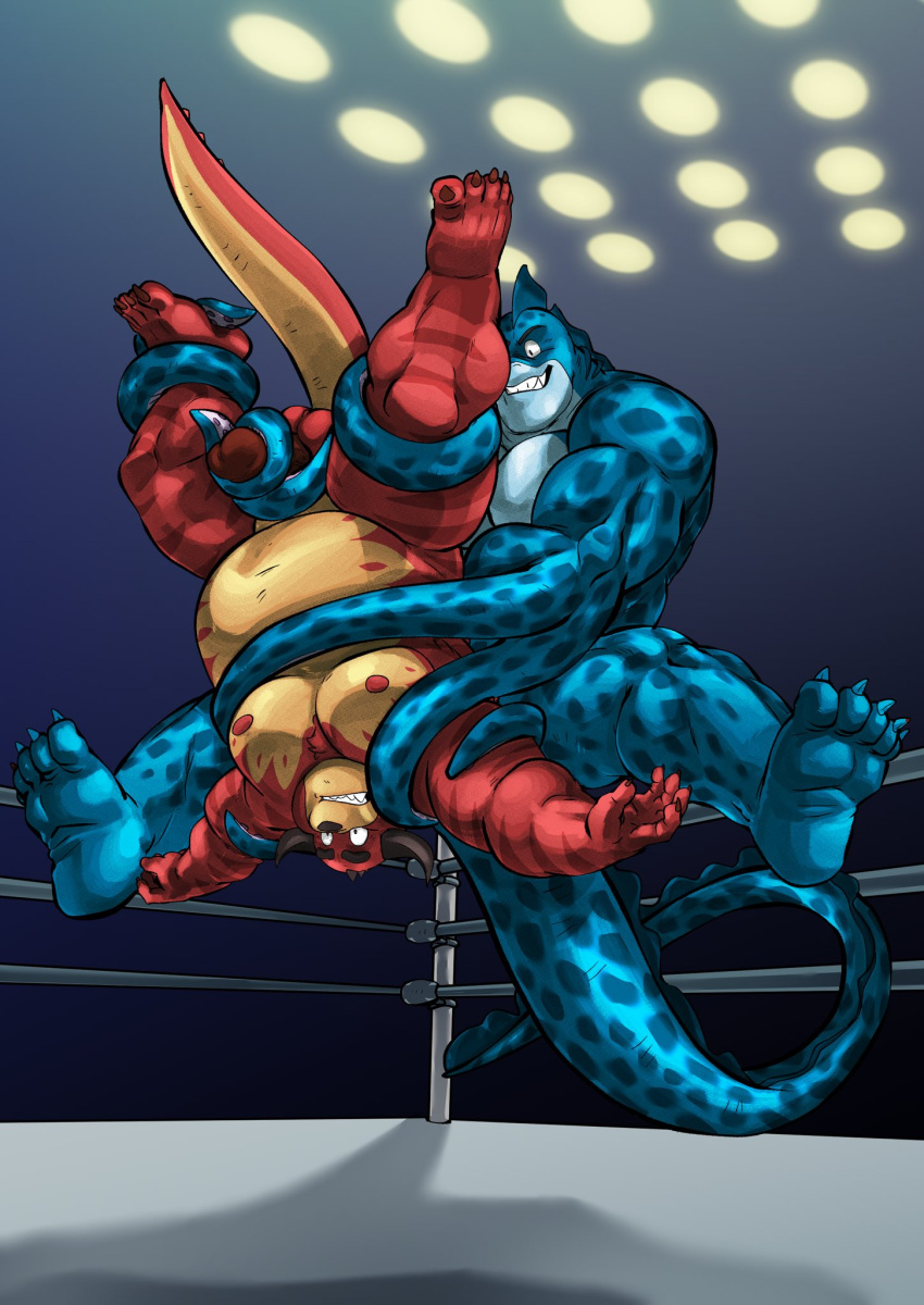 2022 2boys anthro balls belly big_belly blue_body bound duo erection fighting_ring gay genitals hi_res humanoid_hands male male_only markwulfgar monster moobs nipples overweight overweight_male penis red_body rumble_(film) steve_(rumble) tentacle tentacles tentacular_(rumble) wrestling wrestling_ring yaoi