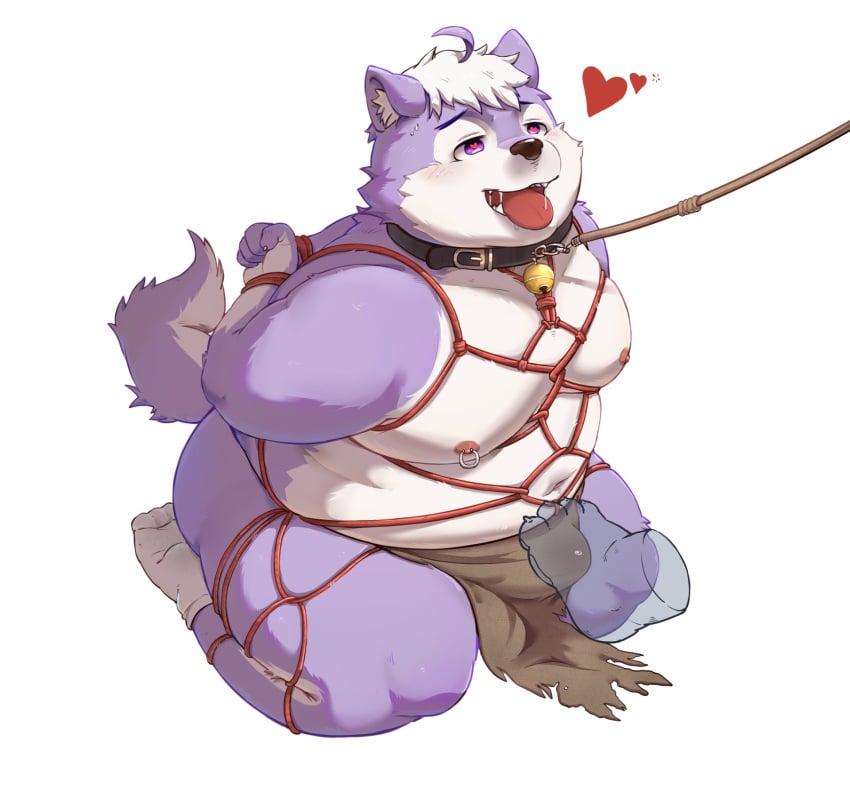 <3_eyes 2022 anthro belly big_belly blush bodily_fluids bondage bondage bottomwear bound bulge canid canine clothing collar foot_fetish foot_play footjob genital_fluids heart hi_res kemono leash loincloth male mammal moobs morian_xs navel nipples overweight overweight_male precum purple_body restraints rope rope_bondage rope_harness sex simple_background solo_focus tongue tongue_out white_body