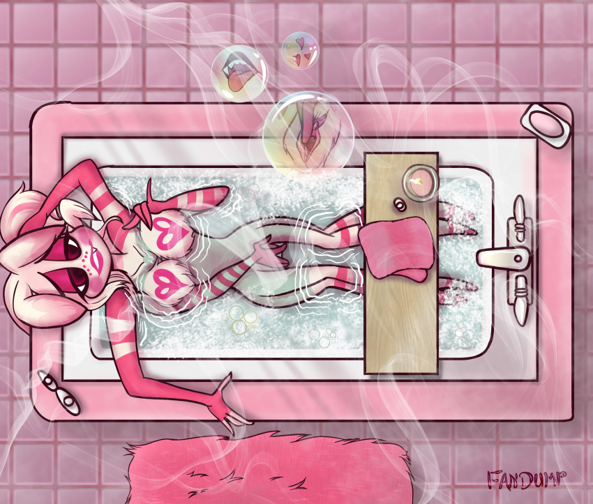 absurd_res anthro arachnid arthropod bathtub breasts demon detailed_background female fur genitals hazbin_hotel hi_res masturbation molly_(hazbin_hotel) multi_arm multi_limb multicolored_body multicolored_fur open_mouth open_smile pink_body pink_fur pussy smile smooth_skin solo spider thefandump two_tone_body two_tone_fur water white_body white_fur