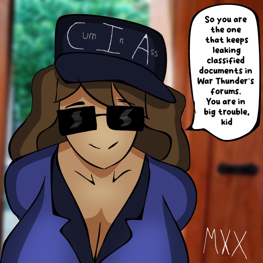 big_breasts breasts brown_hair cia dialogue female funny hat humor long_hair looking_at_viewer meme mxx safe sfw shitpost smile smiling smiling_at_viewer sunglasses