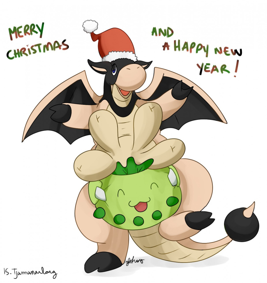 anthro blue_eyes blush bovine chikorita christmas cute_fang diaper dragon dragonite female furry fusion hooves miltank nelsonnoir pokemon pokemon_(species) pokemon_gsc pokemon_rgby santa_hat solo tail udders