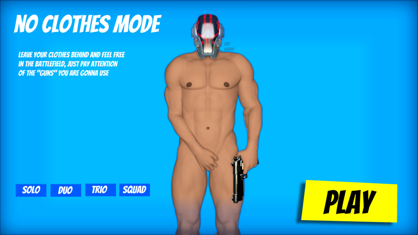 blue_background epic_games fortnite hand_on_crotch hand_on_hip helmet male muscular muscular_male nipples nude pistol sky_chaser solo solo_focus solo_male source_filmmaker text the_foundation