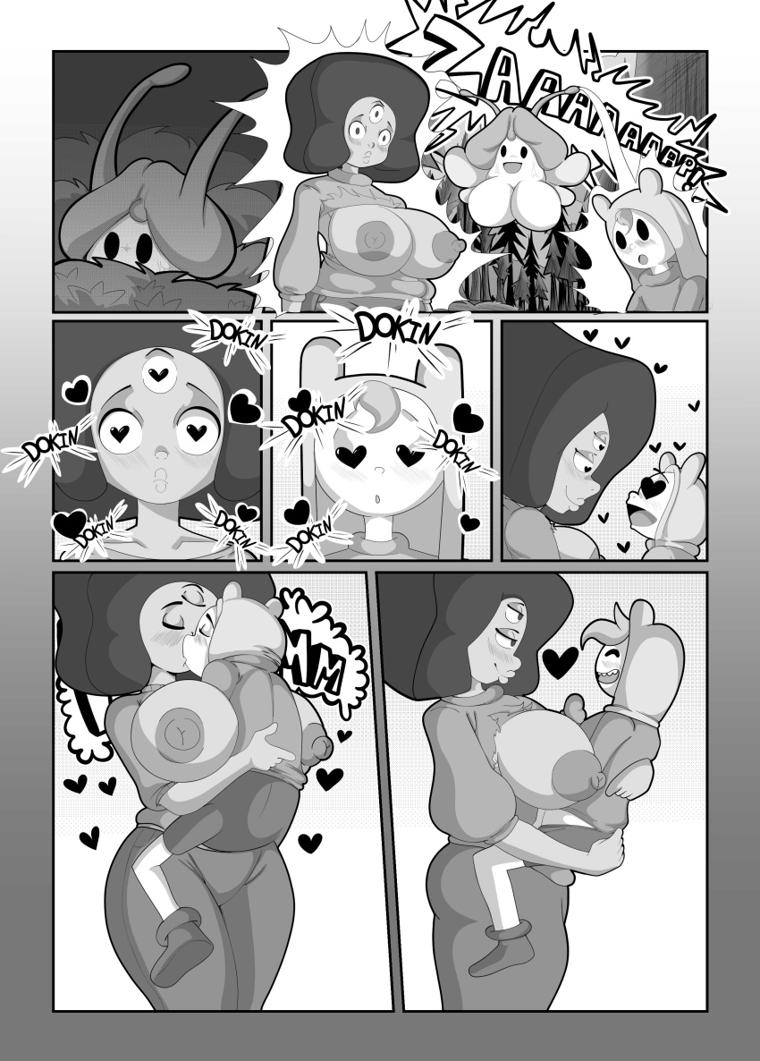 1boy 1futa 1girls adventure_time age_difference balls blush breasticles breasts cartoon_network closed_eyes comic comic_page crossover drav_jack duo_focus female finn_the_human futanari garnet_(steven_universe) heart heart-shaped_pupils hypnosis kissing large_breasts large_penis male mind_control monochrome monophallia multiversus orientation_play penis penis_creature penis_head size_difference steven_universe trio