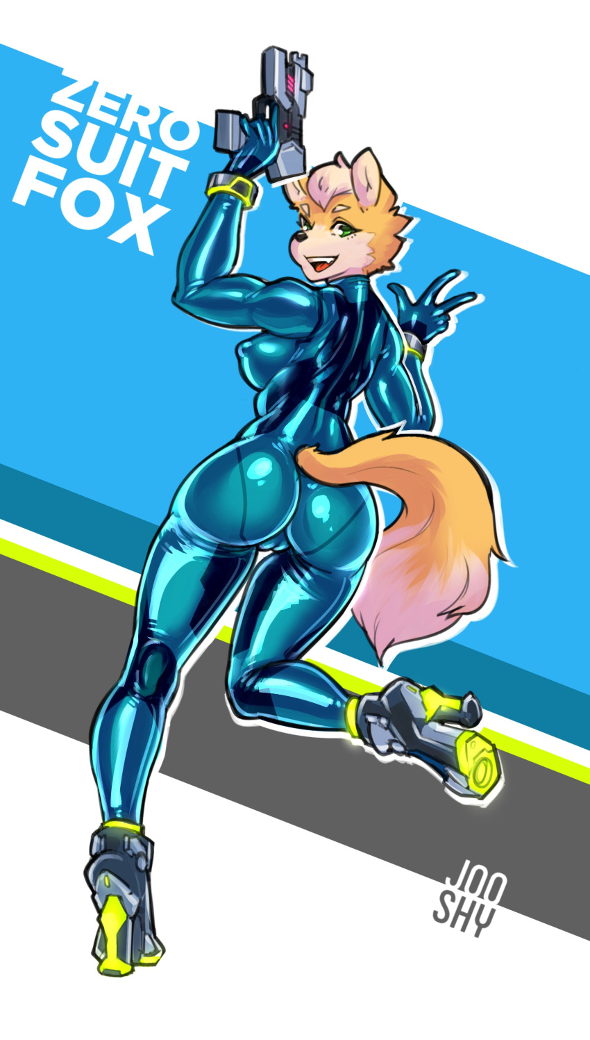 absurd_res anthro big_breasts blue_latex blue_rubber bodysuit breasts cameltoe canid canine canis clothing female fluffy fluffy_tail fox fox_mccloud fur glowing glowing_markings green_eyes happy hi_res high_heels holding_object holding_weapon jooshy latex latex_clothing looking_at_viewer mammal markings metroid mtf_crossgender nintendo nipple_bulge on_one_leg one_leg_up open_mouth pokies raised_leg ranged_weapon rubber rubber_clothing rubber_suit rule_63 simple_background skinsuit solo standing star_fox text tight_clothing video_games weapon yellow_body yellow_fur zero_suit zero_suit_fox